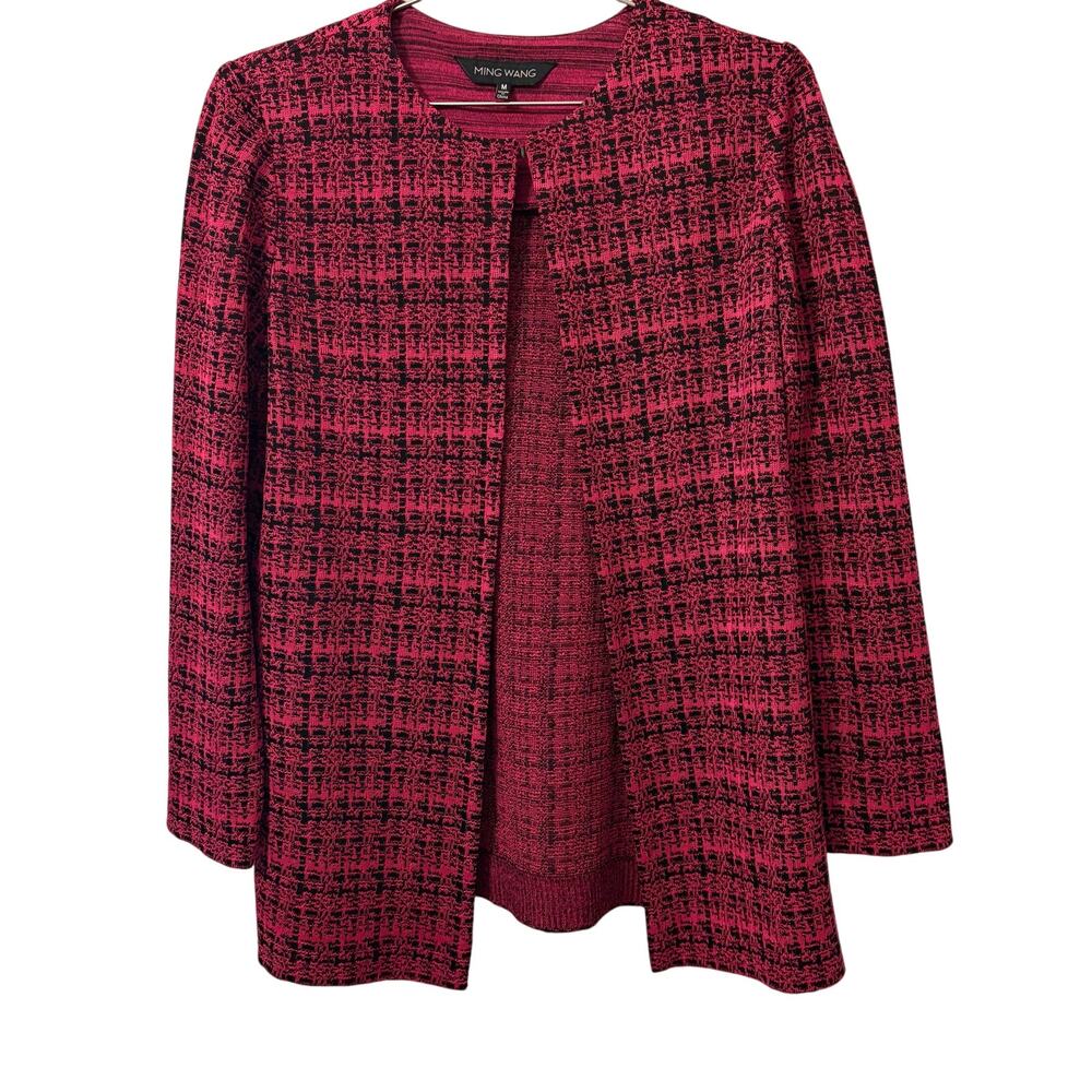 Ming Wang Red & Black Knit Open Front Cardigan M
